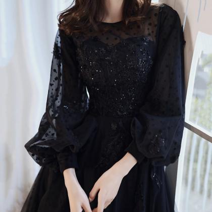 Black Lace Long Sleeve Prom Dress Black Evening..