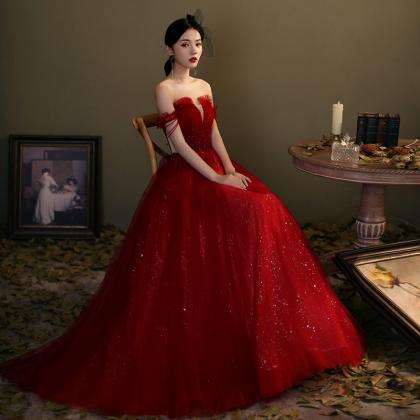 Red Tulle Sequins Long Prom Dress Red Evening Gown