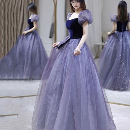 Purple Velvet Tulle Long Prom Dress A Line Evening..