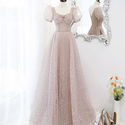 Pink Tulle Sequins Long Prom Dress Evening Dress