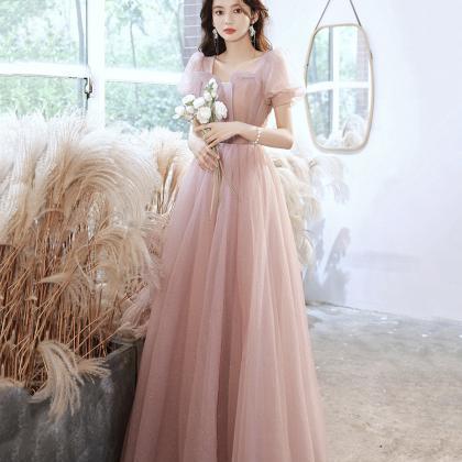 Pink Tulle Long Prom Dress Pink Evening Gown