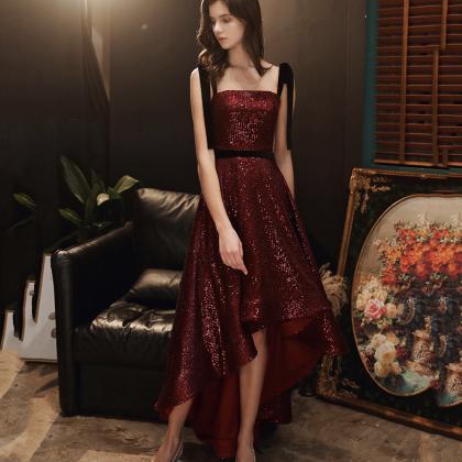 Burgundy Sequins High Low Prom Dress Homecoming..