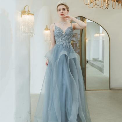 Blue Tulle Lace Long Prom Dress Blue Evening Gown
