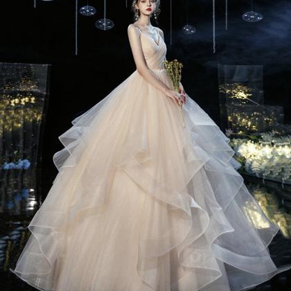 Champagne Tulle Long Ball Gown Dress A Line..