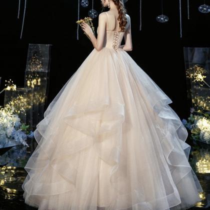 Champagne Tulle Long Ball Gown Dress A Line..