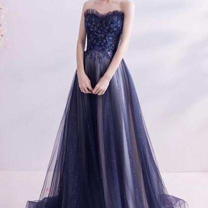 Elegant Tulle Long A Line Prom Dress Blue Evening..