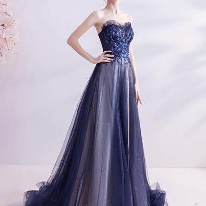 Elegant Tulle Long A Line Prom Dress Blue Evening..