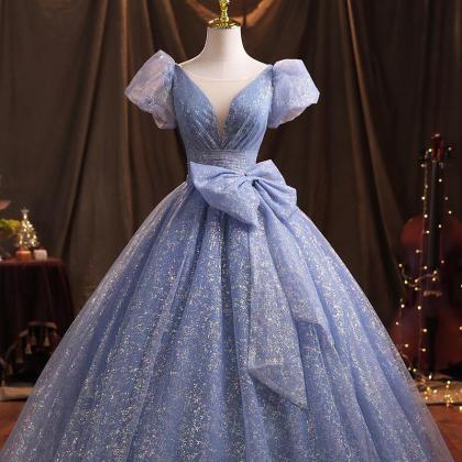 Blue Tulle Long Prom Dress A Line Evening Gown