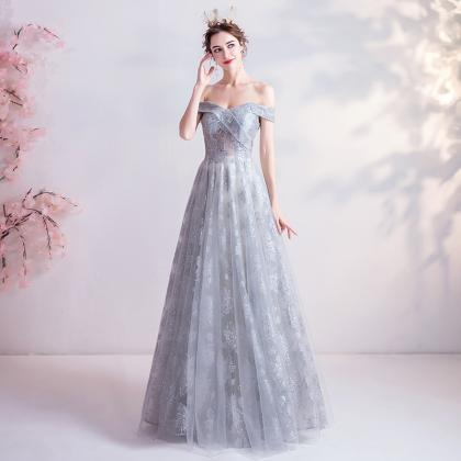 Gray Tulle Squins Long Prom Dress Gray Evening..