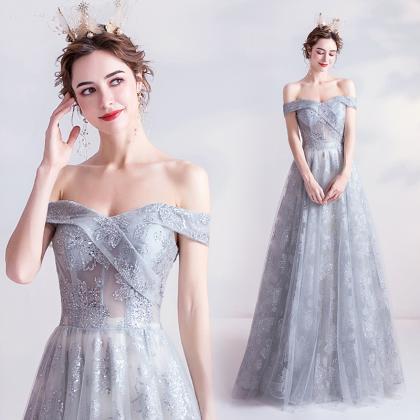 Gray Tulle Squins Long Prom Dress Gray Evening..