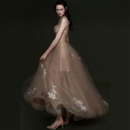 Champagne Tulle Lace Prom Dresses A Line Evening..