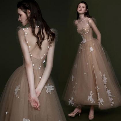 Champagne Tulle Lace Prom Dresses A Line Evening..