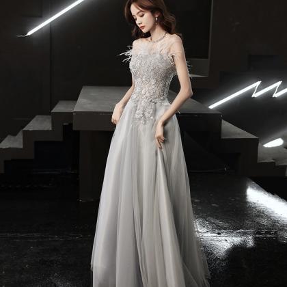 Gray Tulle Lace Long Prom Dress A Line Evening..