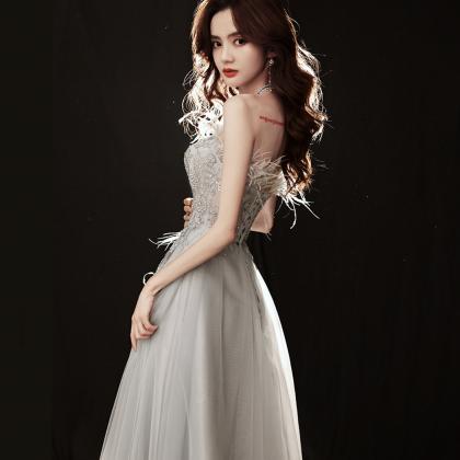 Gray Tulle Lace Long Prom Dress A Line Evening..