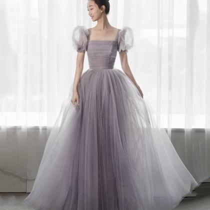 Purple Tulle Long Proom Dress A Line Evening Dress