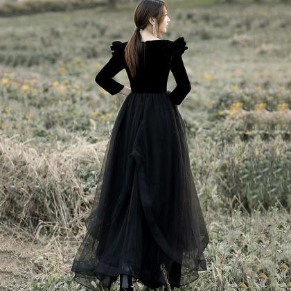 Black Velvet Tulle Long Prom Dress Long Sleeve..