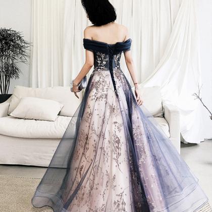 Blue Tulle Sequins Long Prom Dress Evening Gown