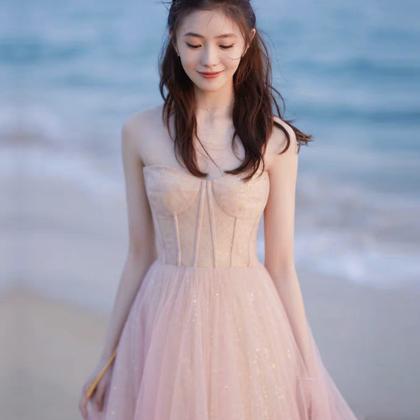 Pink Tulle Sequins Long Prom Dress A Line Evening..
