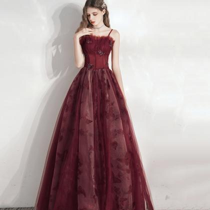 Burgundy Tulle Long Prom Dress A Line Evening Gown