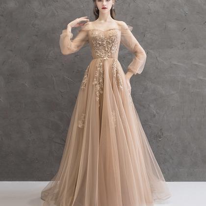 Eelgant A Line Strapless Layer Tulle Lace Long Prom Dress,Formal Dress