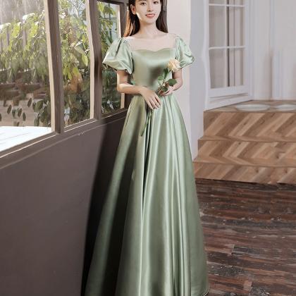 Green Satin Long Prom Dress A Line Evening Dress