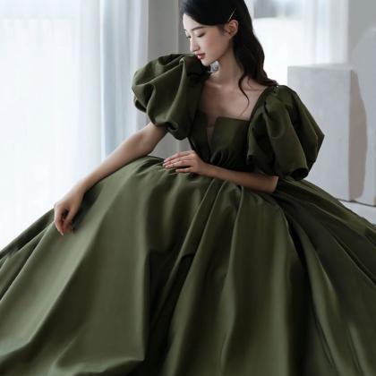 Green Satin Long A Line Princess Gown Formal Gown