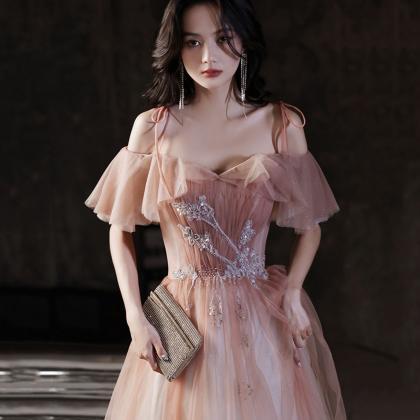 Pretty Peach Pink Strapless Sequins Tulle A Line Long Prom Dress Evening Dress Y8645