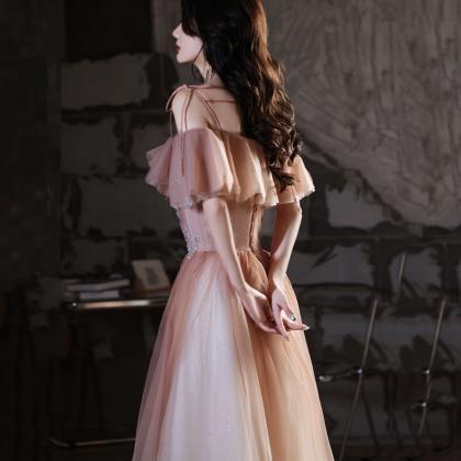 Pink tulle sequins long prom dress pink evening dress s109