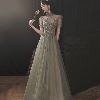 Vintage Green Tulle Sequins Beaded A Line Prom Dress,Formal Ball Gown Evening Dress cc2778