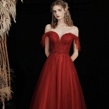Burgundy Tulle Beads Long Prom Dress A Line..