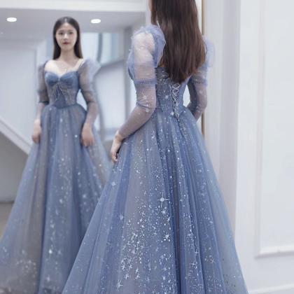 Blue Tulle Beads Long Prom Dress A Line Evening..