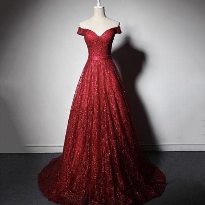 Burgundy Tulle Sequins Long Prom Dress A Line..