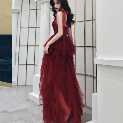 Burgundy Tulle Long Prom Dress A Line Evening..