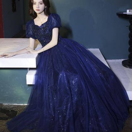 Blue Tulle Beads Long Prom Dress A Line Evening..