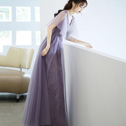 Purple Tulle Beads Long Prom Dress A Line Evening..