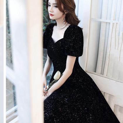 Black Velvet Sequins Long Prom Dress A Line..