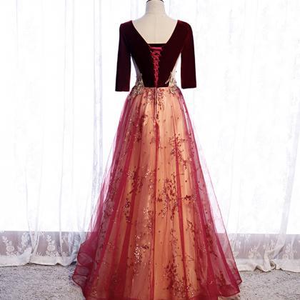 Burgundy Velvet Tulle Long Prom Dress A Line..