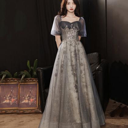 Gray Tulle Sequins Long Prom Dress Gray Evening..