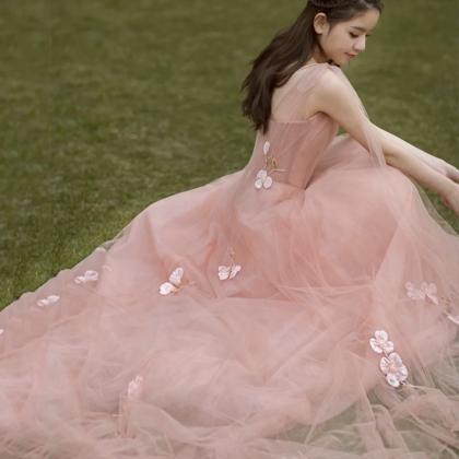 Pink 3d Flowers Long Prom Dress A Line Evening..