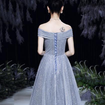 Blue Sequins Long Prom Dress A Line Evening Dress