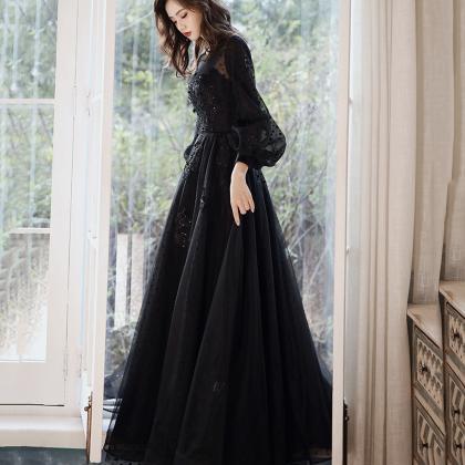 Black Tulle Lace Long Prom Dress Black Evening..
