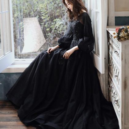 Black Tulle Lace Long Prom Dress Black Evening..