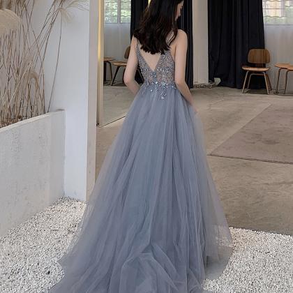 Blue Tulle Beads Long Prom Dress Blue Evening..