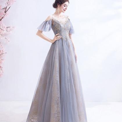Blue Tulle Sequins Long Prom Dress Blue Evening..