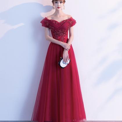 Burgundy Lace Beads Long Prom Dress A Line Evening..