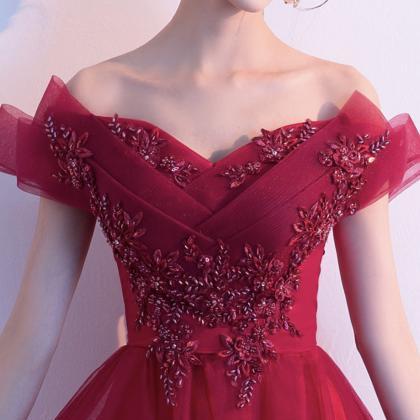 Burgundy Lace Beads Long Prom Dress A Line Evening..