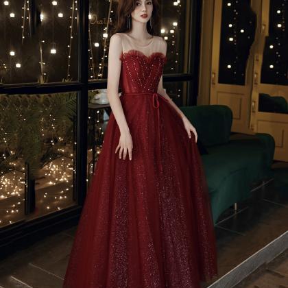 Burgundy tulle sequins long prom dress A line evening gown s55