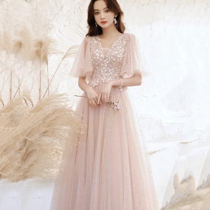 Pink Tulle Lace Long Prom Dress Pink Evening Dress