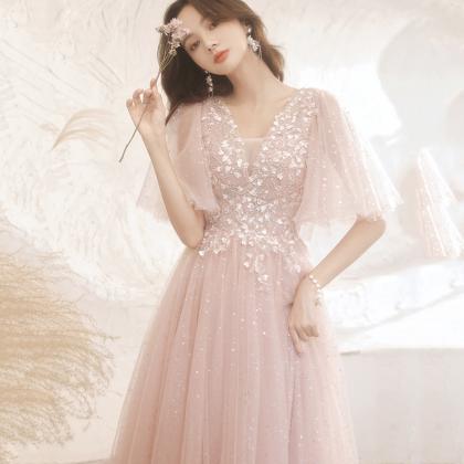 Pink Tulle Lace Long Prom Dress Pink Evening Dress