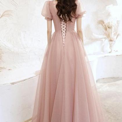 Pink Tulle Long Prom Dress Pink Evening Dress